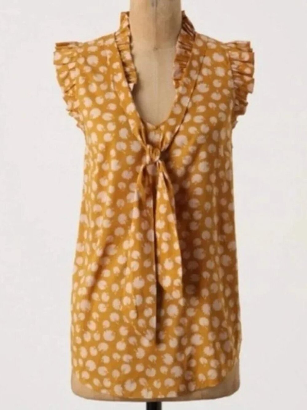 Anthropologie Odille Top Shirt Blouse Size 4 Mustard Floral Ruffle Neck Ties